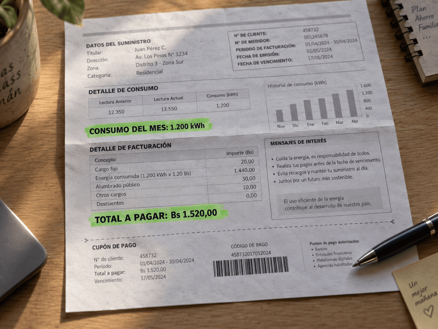 Factura de electricidad con el consumo en kWh y el total a pagar resaltados